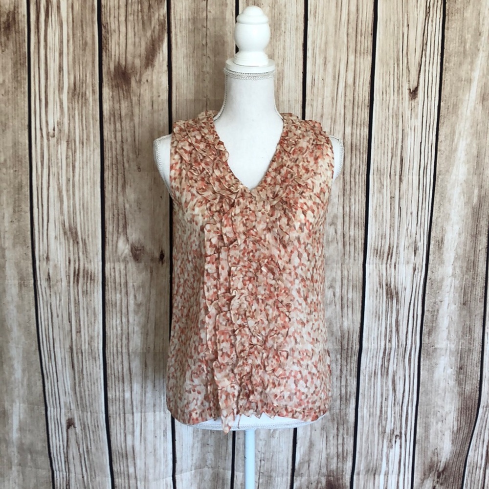 Talbots Elegant 100% Silk Ruffle Sleeveless Blouse Cream/Pink/Brown Pattern